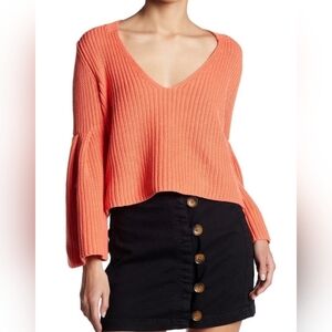 Free People Damsel Sweater Deep V-Neck Bell Sleeves‎ Oversized Rib Knit Sweater